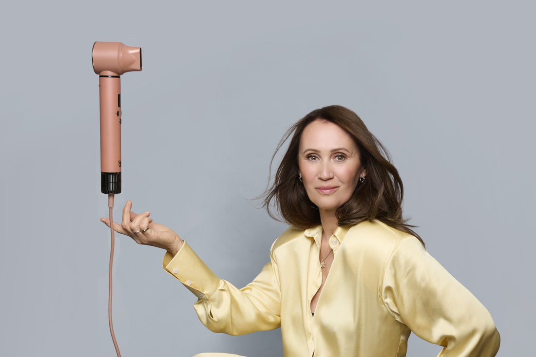Anna Nowak-Ibisz in a yellow shirt with the SkinVibe Nuvia AirPlasma hot air styler