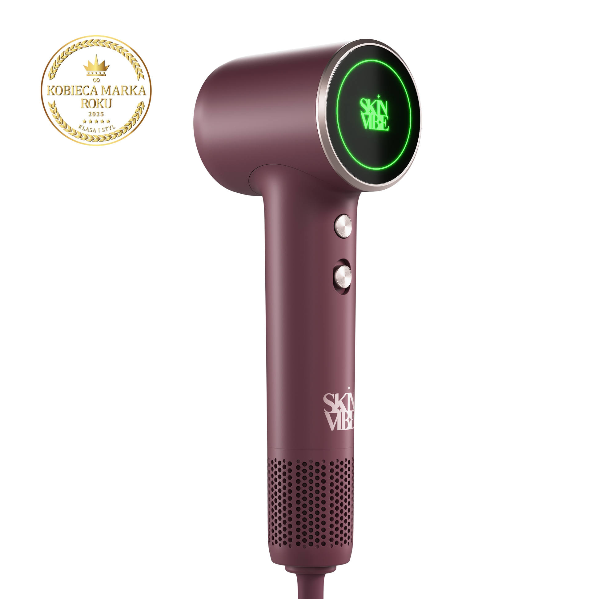 Mini suszarka do włosów SkinVibe Nova PlasmaGo - Eggplant, przód z ekranem LCD i podświetlonym logo, nagroda Kobieca Marka Roku 2025