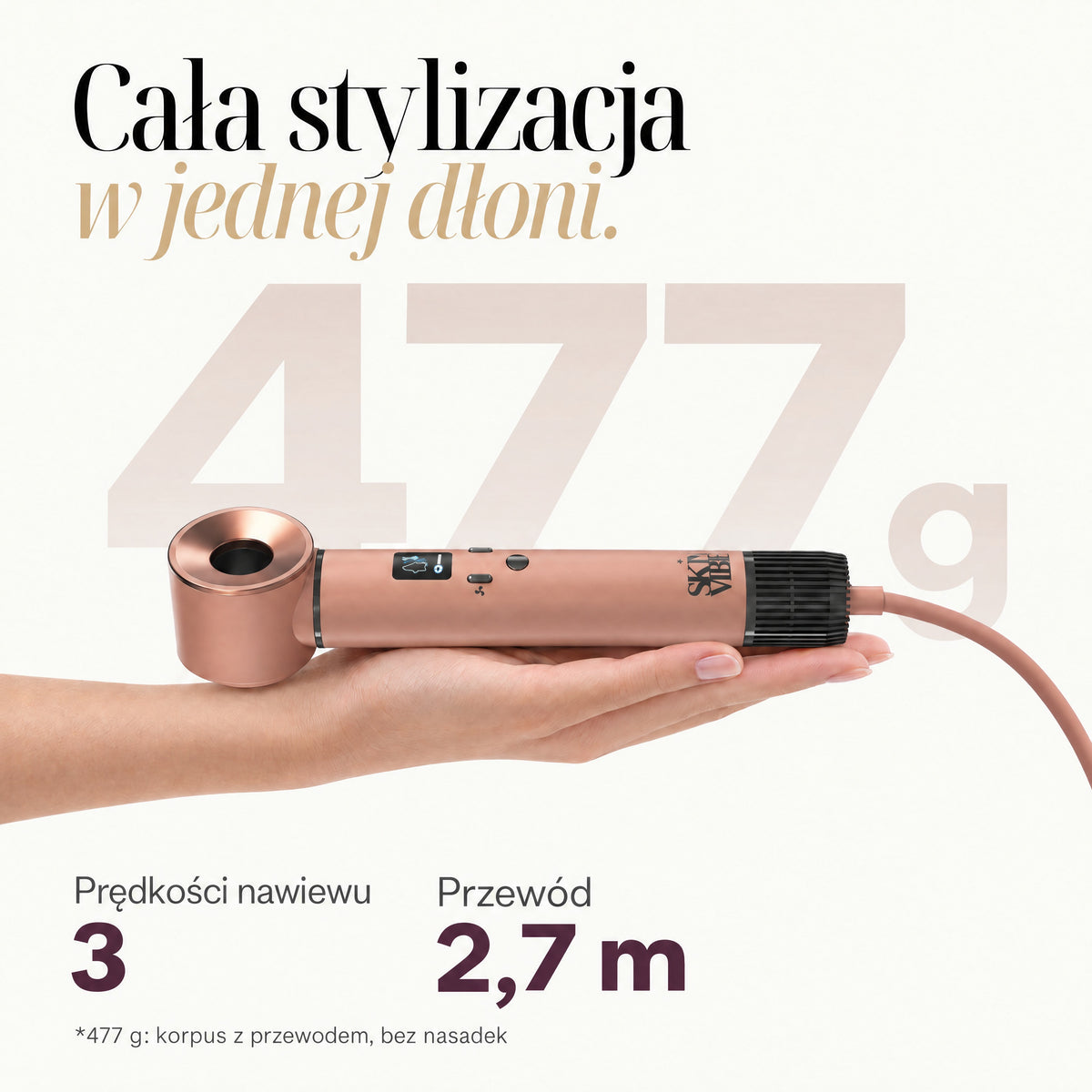 Suszarko-lokówka SkinVibe Nuvia AirPlasma w dłoni - 477 g, 3 prędkości nawiewu, przewód 2,7 m